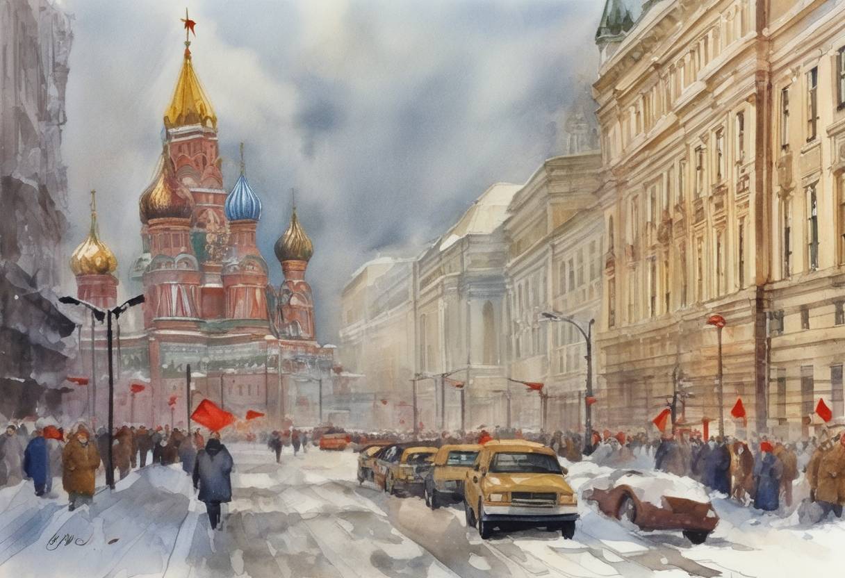 Watercolor painting based depiction of The Supreme Soviet of the Soviet Union formally dissolved the Soviet Union, marking the end of the Cold War. (1991)