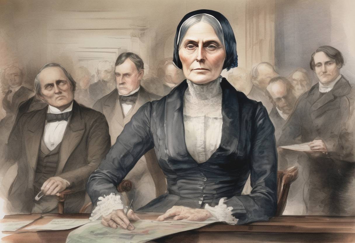 Watercolor painting based depiction of Susan B. Anthony voted illegally in the U.S. presidential election, leading to her arrest and trial. (1872)