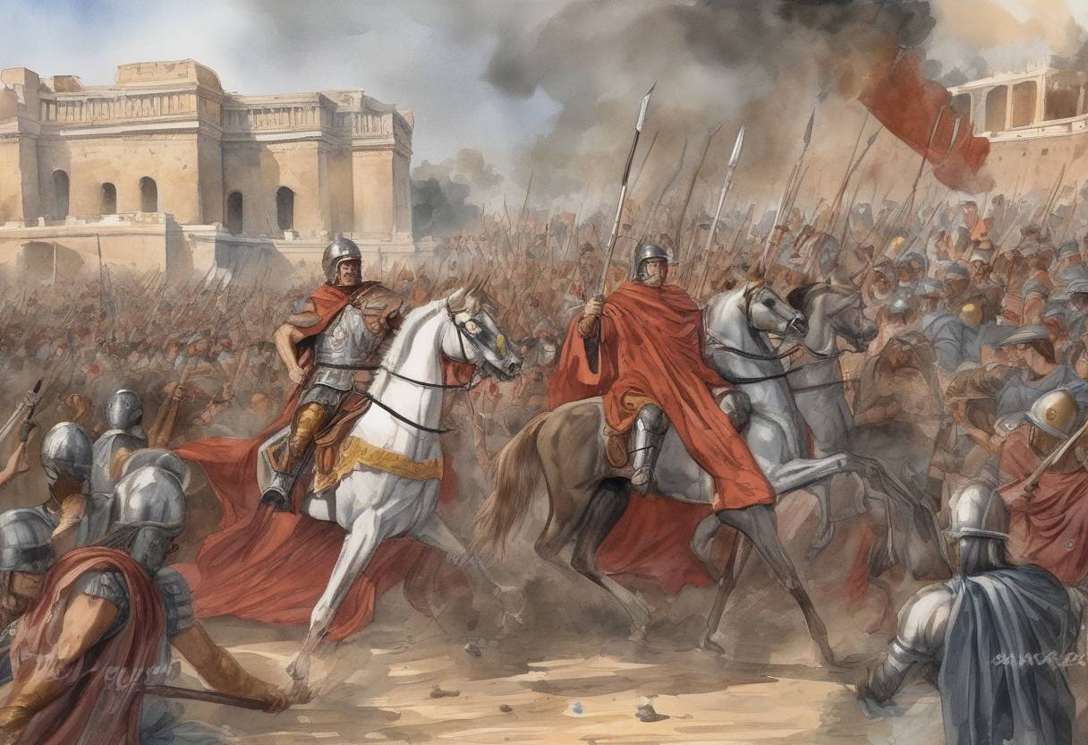 Watercolor painting based depiction of The Roman general Flavius Aetius, often called the 'last of the Romans,' was assassinated by Emperor Valentinian III in Rome. Aetius had been a key military leader for the Western Roman Empire, notably defeating Attila the Hun at the Battle of the Catalaunian Plains in 451. (454)