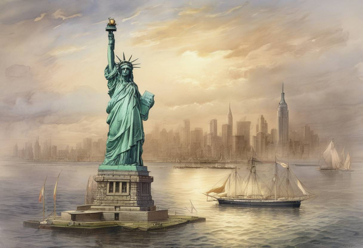 Watercolor painting based depiction of The Statue of Liberty arrives in New York Harbor from France. (1885)