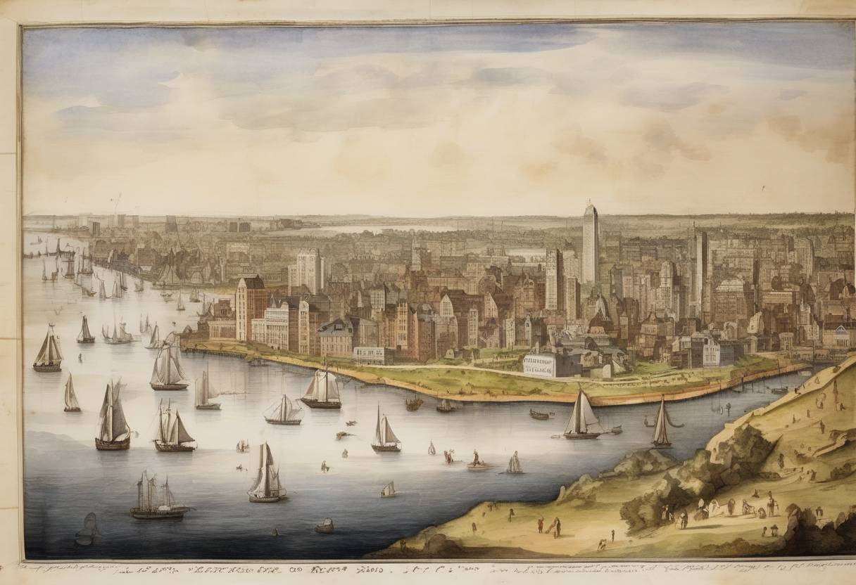 Watercolor painting based depiction of The city of Boston, Massachusetts was founded by Puritan colonists. (1630)