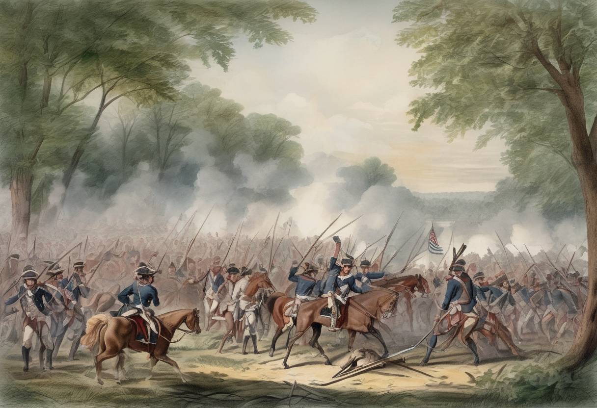 Watercolor painting based depiction of The Battle of Wabash, also known as St. Clair's Defeat, took place, marking the largest victory by Native Americans over United States forces. (1791)