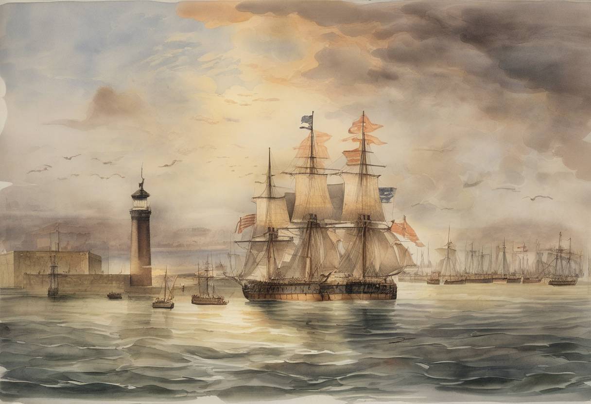 Watercolor painting based depiction of Francis Scott Key wrote the poem "Defence of Fort M'Henry," which later became the lyrics to "The Star-Spangled Banner," the national anthem of the United States. (1814)