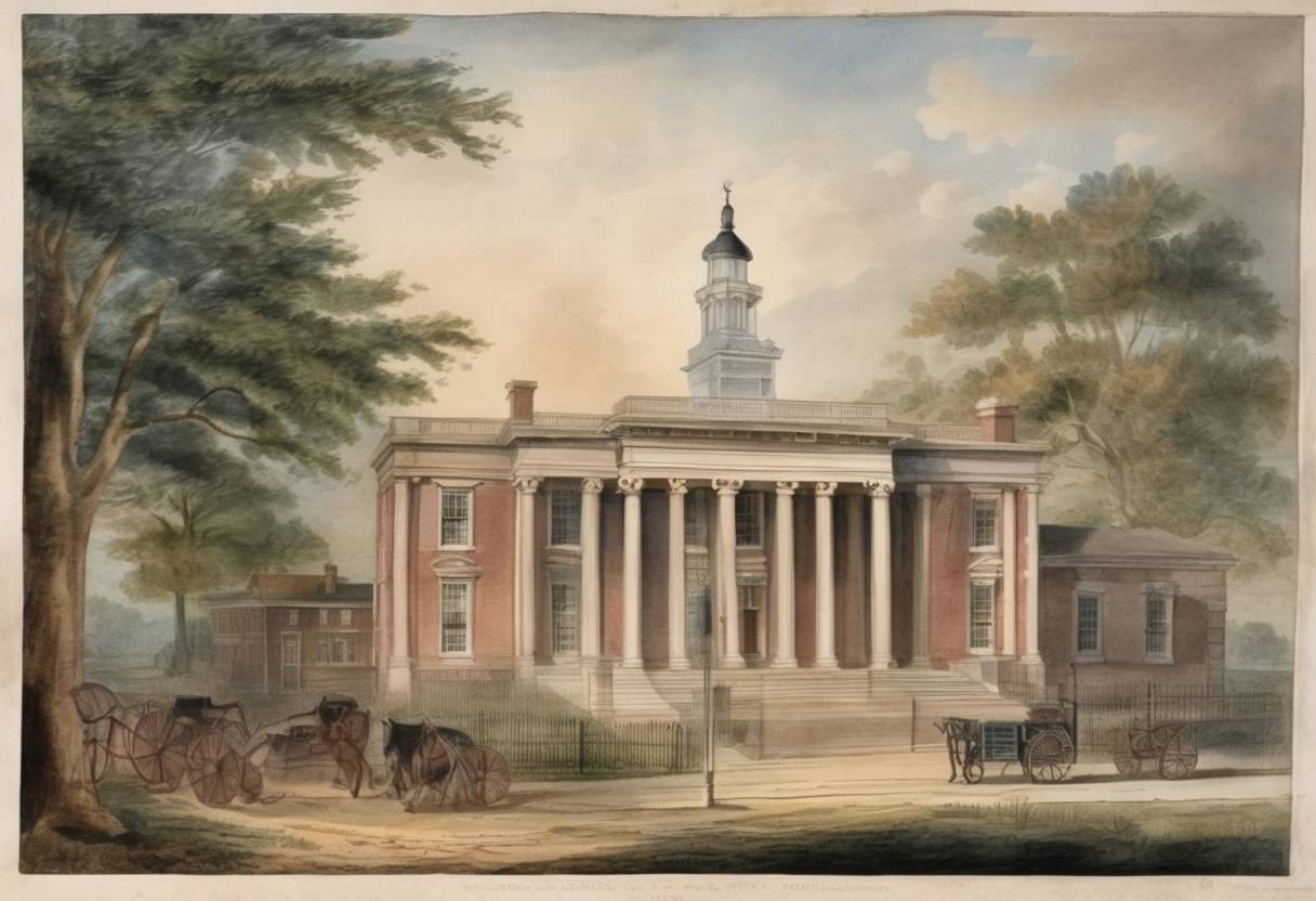 Watercolor painting based depiction of The Postal Service Act, establishing the United States Post Office Department, was signed by President George Washington. (1792)