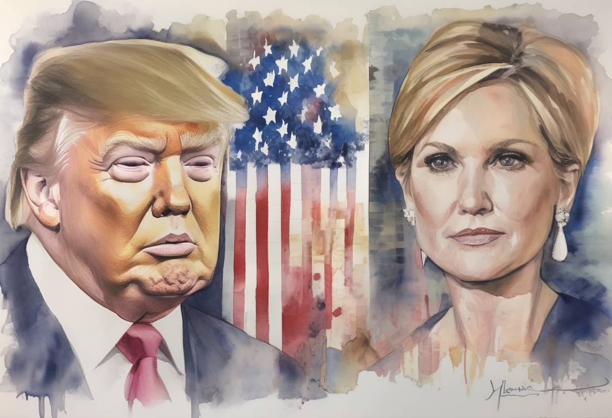 Watercolor painting based depiction of The Washington Post released a 2005 Access Hollywood tape in which Donald Trump made controversial remarks about women, impacting the 2016 presidential election campaign. (2016)
