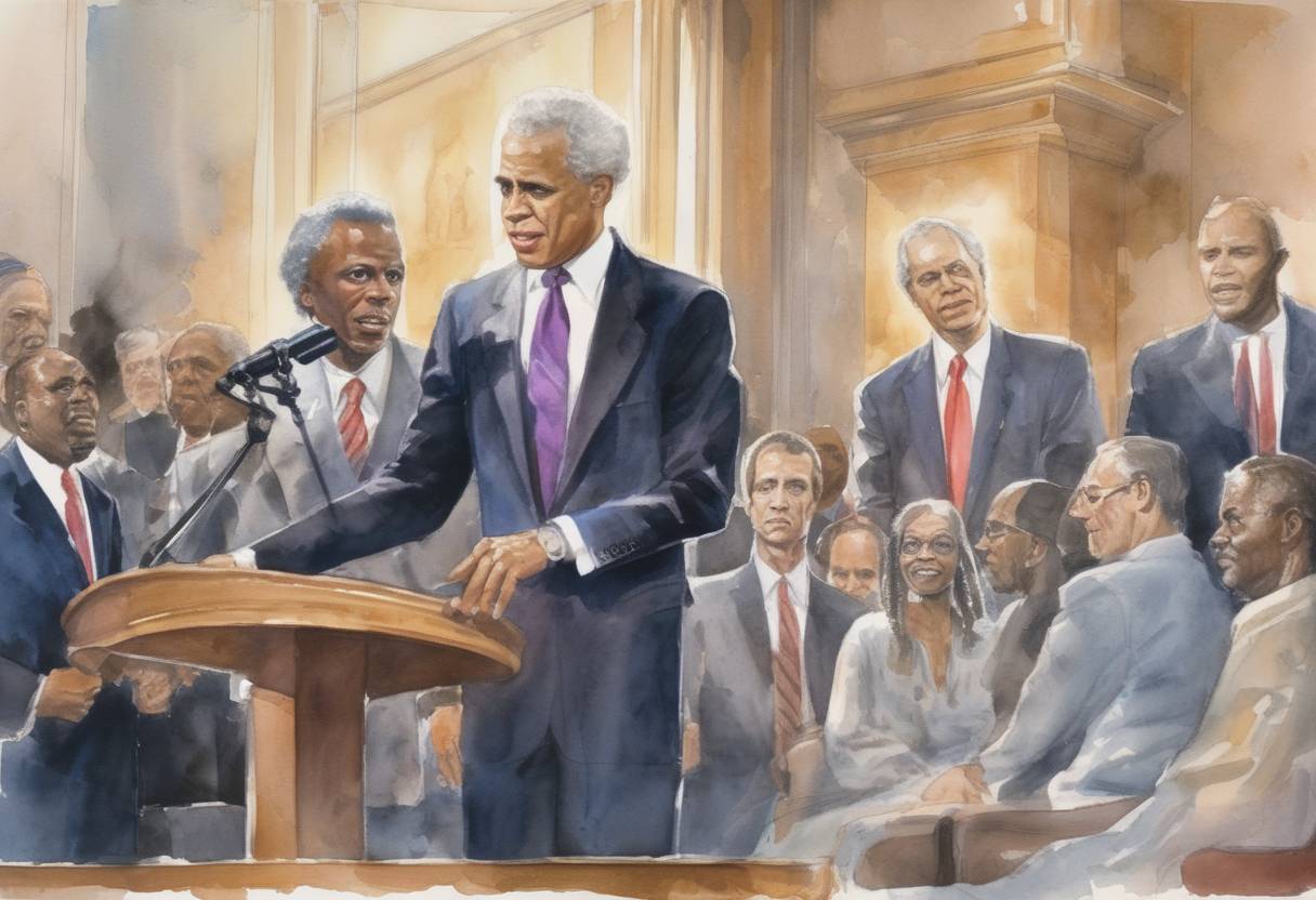 Watercolor painting based depiction of Douglas Wilder becomes the first African American governor as he takes office in Virginia. (1990)