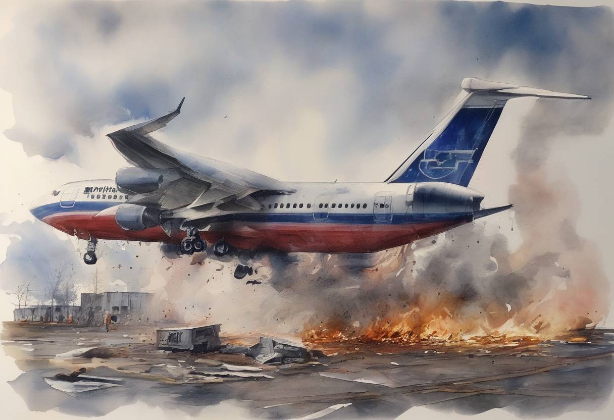 Watercolor painting based depiction of Northwest Airlines Flight 255 crashed shortly after takeoff from Detroit Metropolitan Airport, killing 154 of the 155 people on board. (1987)