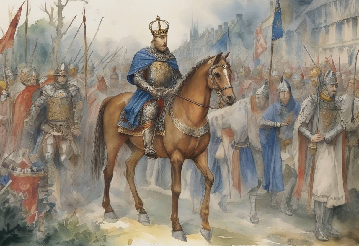 Watercolor painting based depiction of King Henry I of England died, leading to a succession crisis known as The Anarchy. (1135)