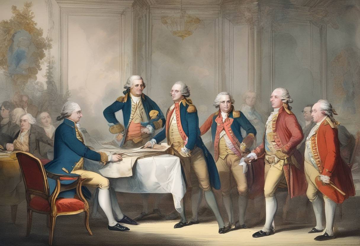 Watercolor painting based depiction of The Treaty of Paris was signed, officially ending the American Revolutionary War and recognizing American independence from Britain. (1783)