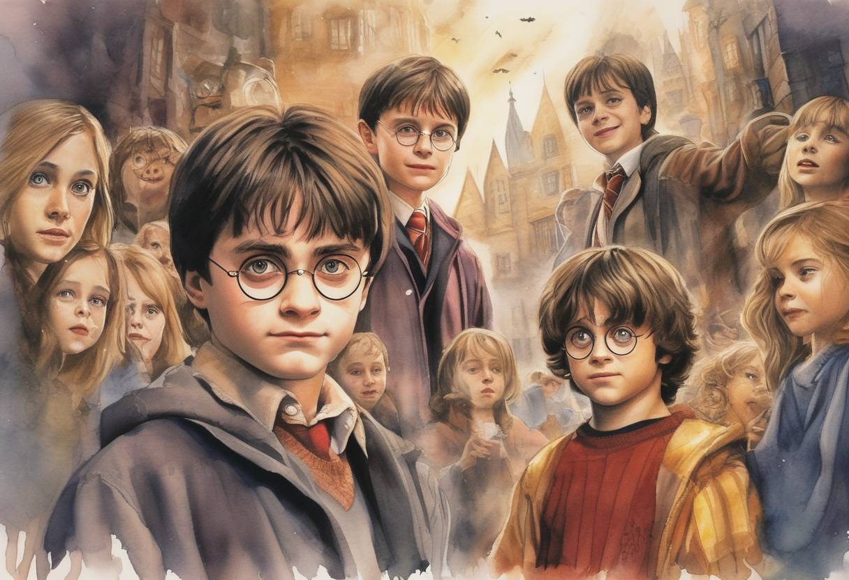 Watercolor painting based depiction of The first Harry Potter film, 'Harry Potter and the Philosopher's Stone' (known as 'Harry Potter and the Sorcerer's Stone' in the United States), was released in theaters, marking the beginning of a highly successful film franchise. (2001)