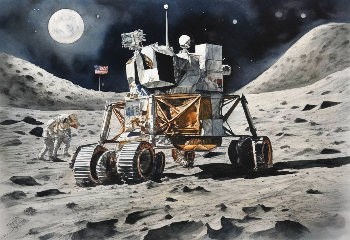 Watercolor painting based depiction of Apollo 17 becomes the sixth and final Apollo mission to land on the Moon, with astronauts Eugene Cernan and Harrison Schmitt conducting lunar surface activities. (1972)