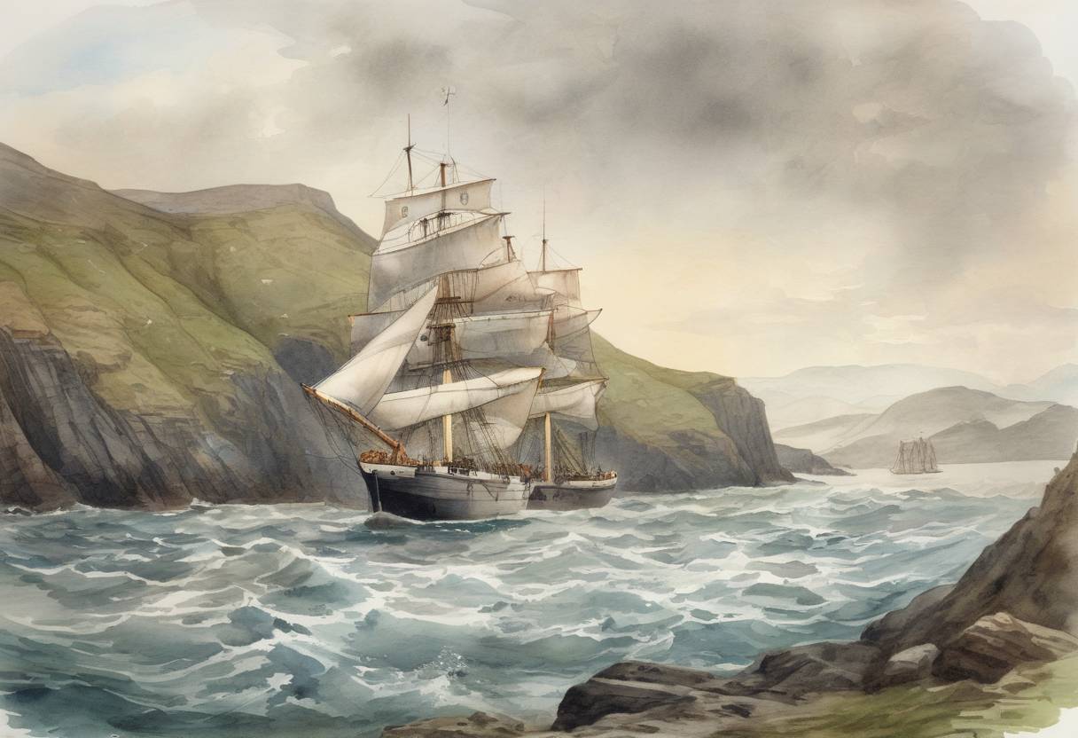 Watercolor painting based depiction of The first permanent transatlantic telegraph cable was successfully completed, allowing for faster communication between Europe and North America. (1867)