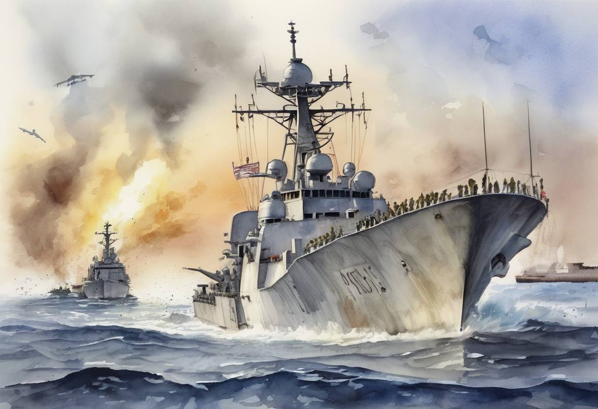 Watercolor painting based depiction of The USS Cole, a United States Navy destroyer, was attacked by suicide bombers in a small boat laden with explosives while it was refueling in the Yemeni port of Aden. The attack killed 17 American sailors and injured 39 others. (2000)