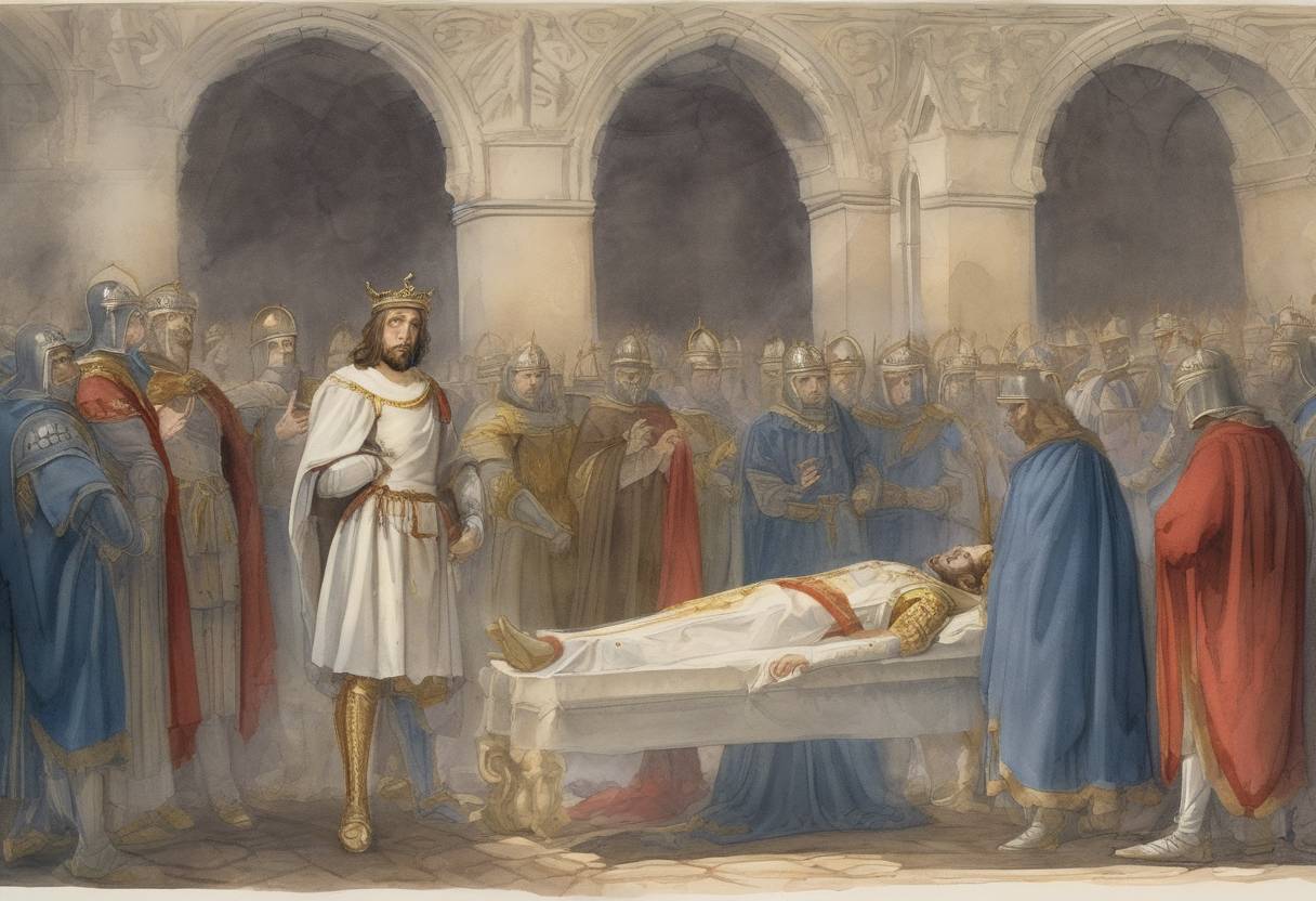 Watercolor painting based depiction of The death of Bernard of Italy, King of the Lombards, who was executed by order of his uncle, Emperor Louis the Pious. (818)