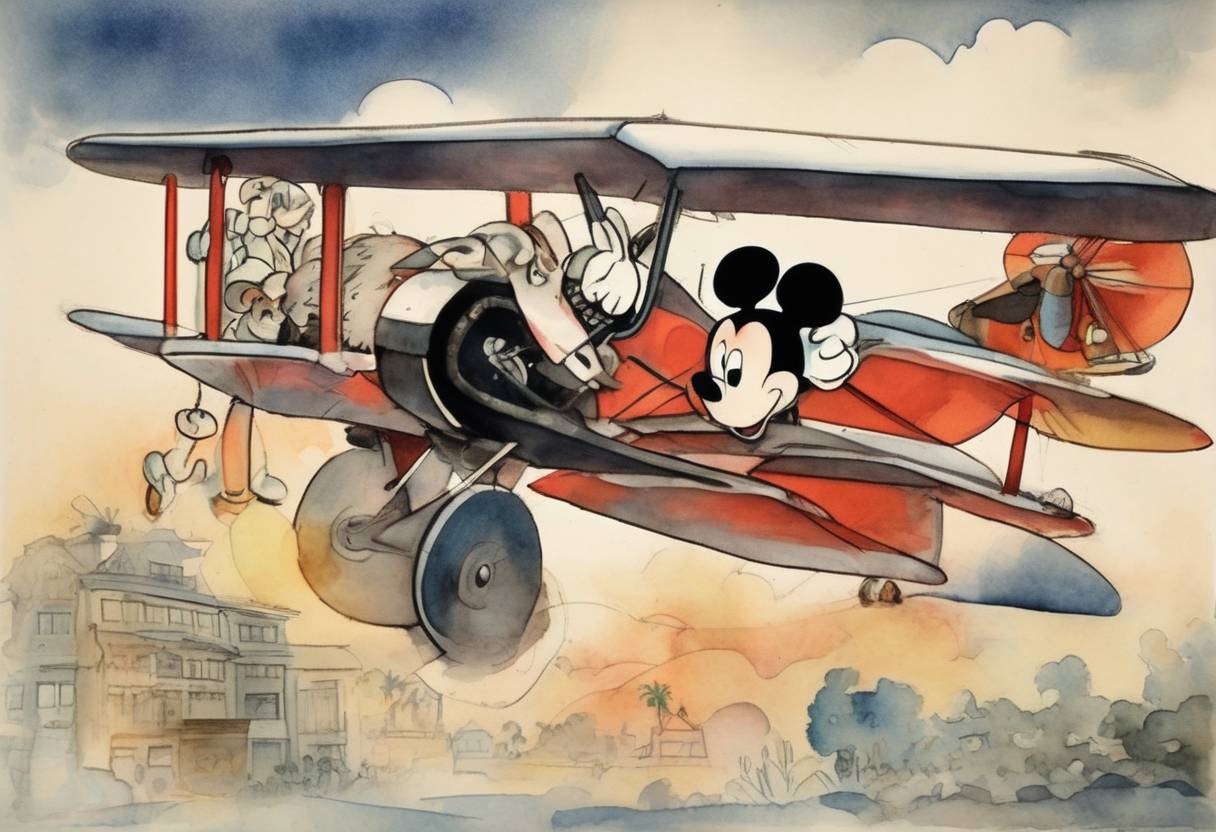 Watercolor painting based depiction of The first appearance of Mickey Mouse in the cartoon 'Plane Crazy' was shown as a test screening to a theater audience. (1928)