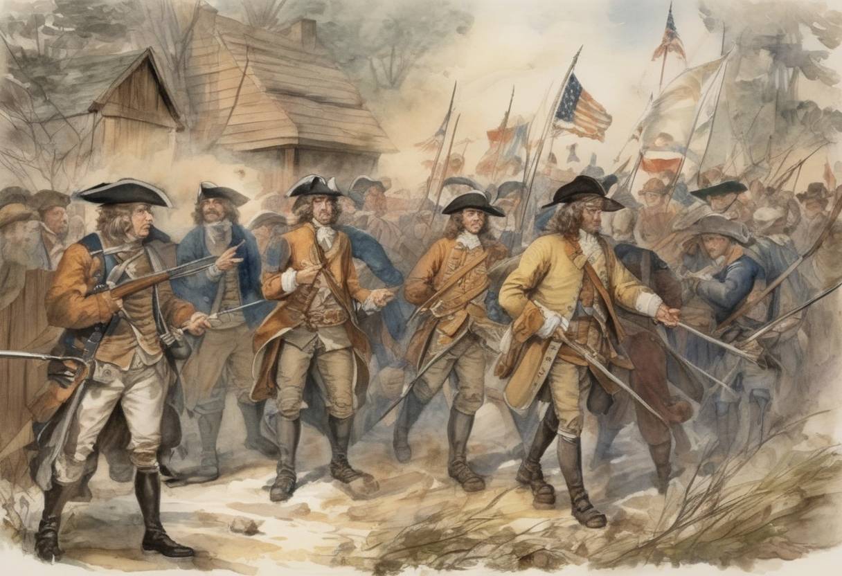 Watercolor painting based depiction of Plymouth Colony governor Josiah Winslow led a colonial militia in a raid against the Narragansett during King Philip's War. (1675)