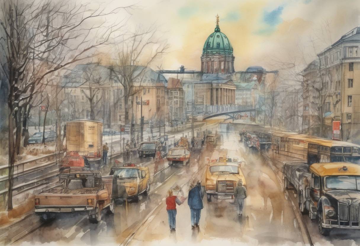 Watercolor painting based depiction of The German reunification was completed, with the former East Germany officially joining the Federal Republic of Germany. (1990)
