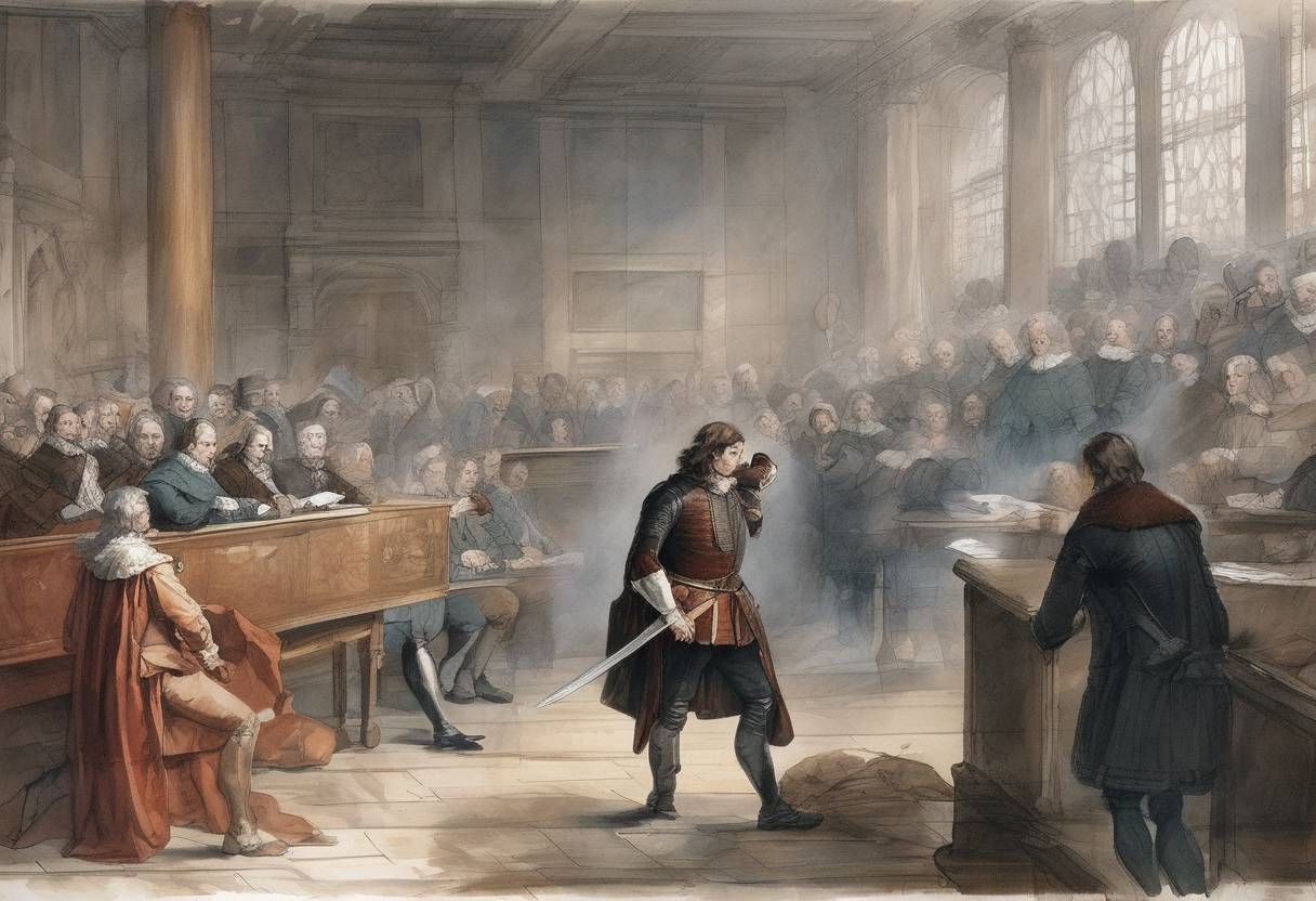 Watercolor painting based depiction of Oliver Cromwell dissolves the Rump Parliament by force, marking a significant moment in the English Interregnum. (1653)