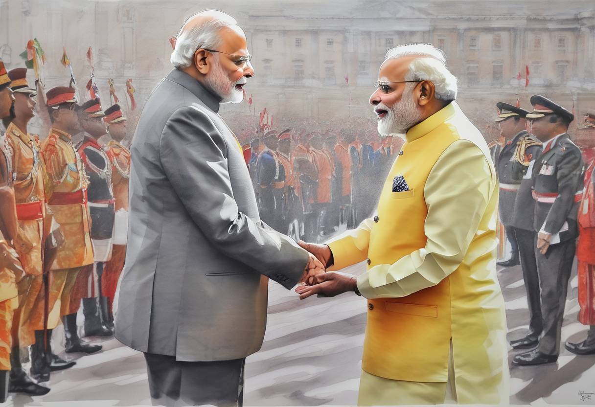Watercolor painting based depiction of India and the United Kingdom signed a series of agreements to strengthen economic and defense ties during Indian Prime Minister Narendra Modi's visit to the UK. This included deals in the fields of finance, defense, and nuclear energy. (2015)