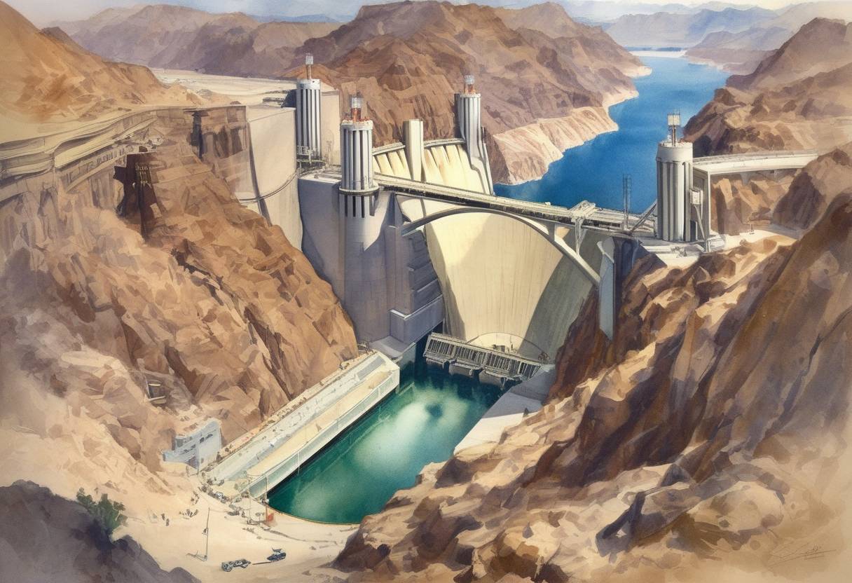 Watercolor painting based depiction of Construction of the Hoover Dam begins on the Colorado River. (1930)