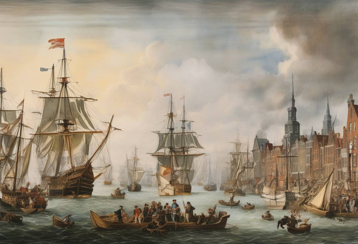 Watercolor painting based depiction of The Dutch surrender New Amsterdam to the English, who rename it New York. (1664)