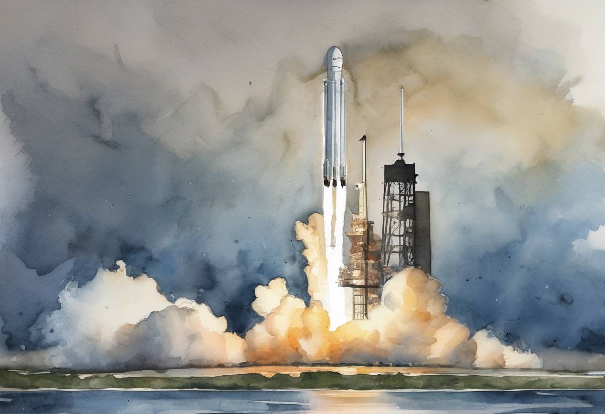 Watercolor painting based depiction of SpaceX launched the Inspiration4 mission, the first all-civilian spaceflight, marking a significant milestone in commercial space travel. (2021)