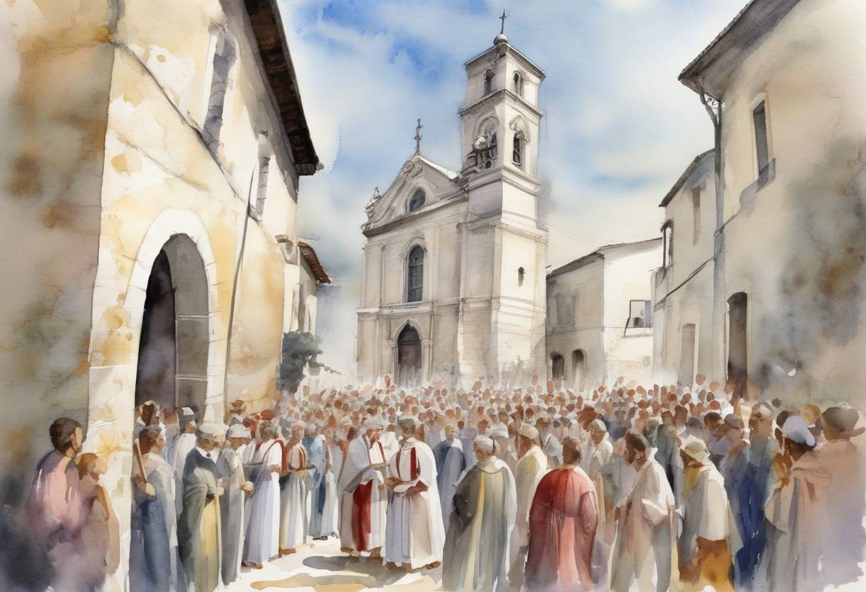 Watercolor painting based depiction of The traditional date of the dedication of the church of San Michele in Monte Sant'Angelo, Italy, which later became an important pilgrimage site. (708)