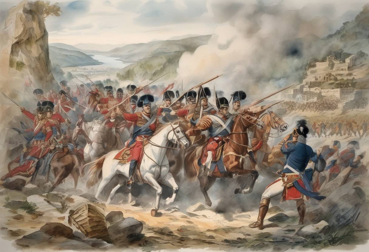 Watercolor painting based depiction of Greek War of Independence: The Greeks defeat the Turks at the Battle of Gravia Inn. (1821)