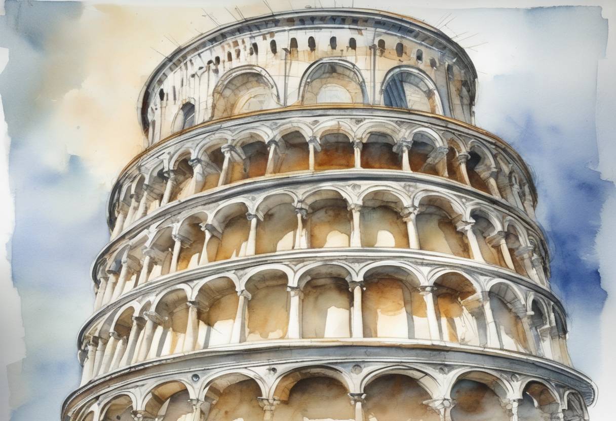 Watercolor painting based depiction of The Leaning Tower of Pisa reopened to the public after 11 years of stabilization work to prevent it from collapsing. (2001)
