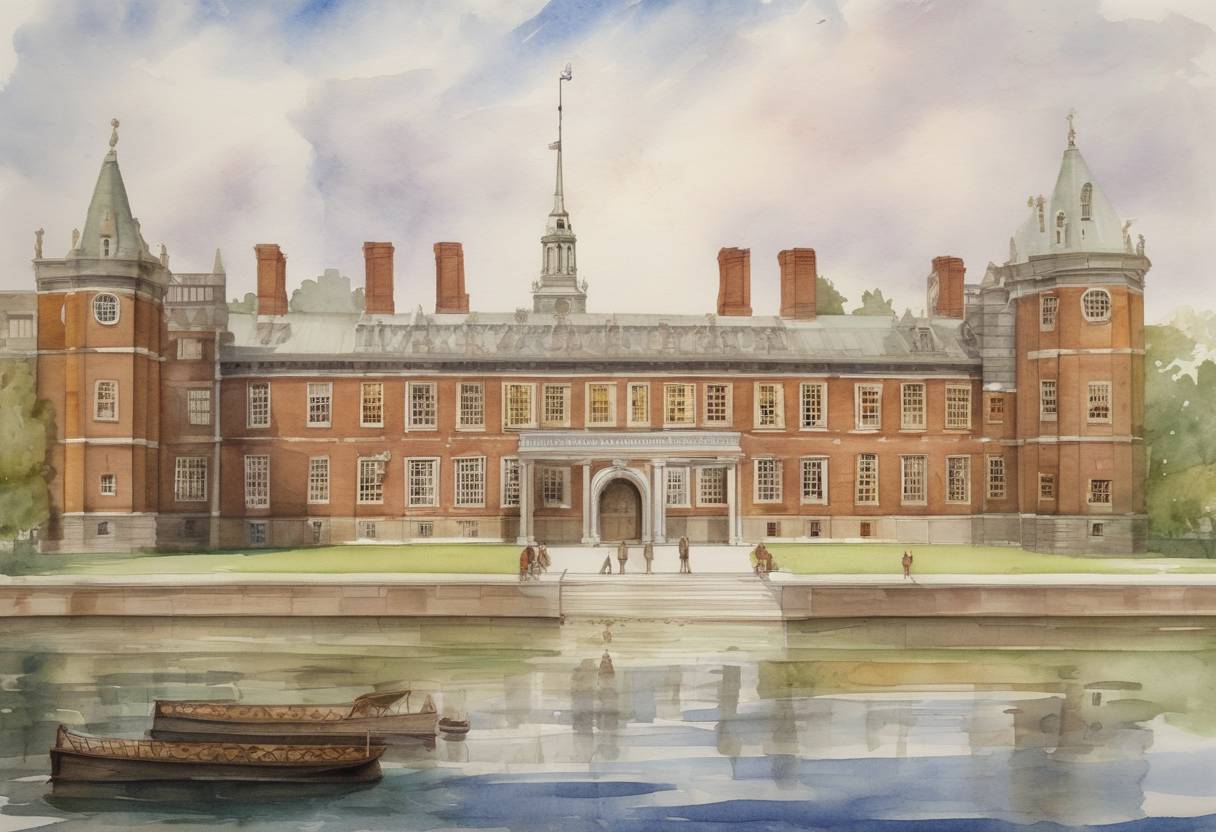 Watercolor painting based depiction of Harvard College is founded in Cambridge, Massachusetts. (1636)