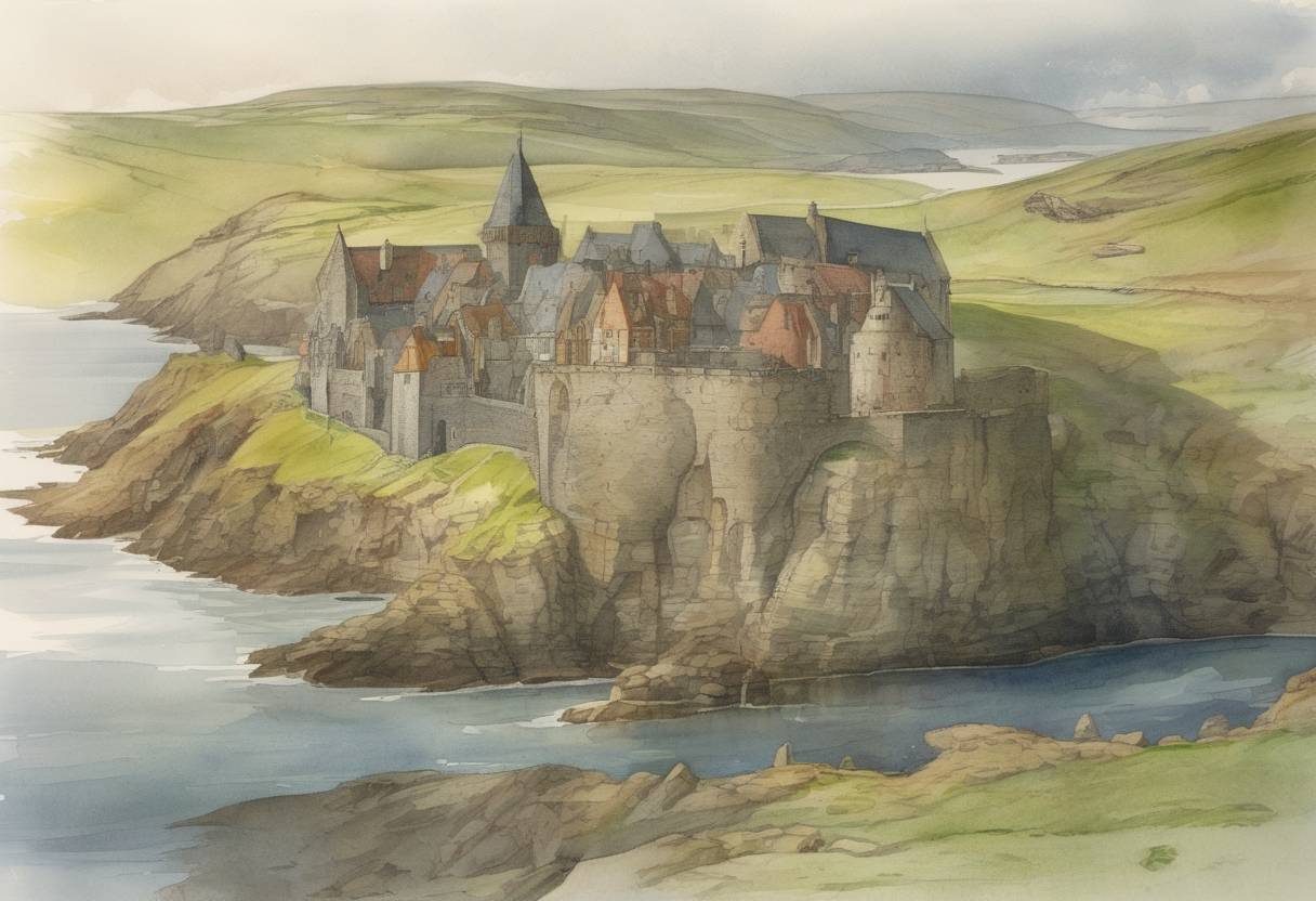 Watercolor painting based depiction of Orkney and Shetland are pawned by Norway to Scotland in lieu of a dowry for Margaret of Denmark. (1472)