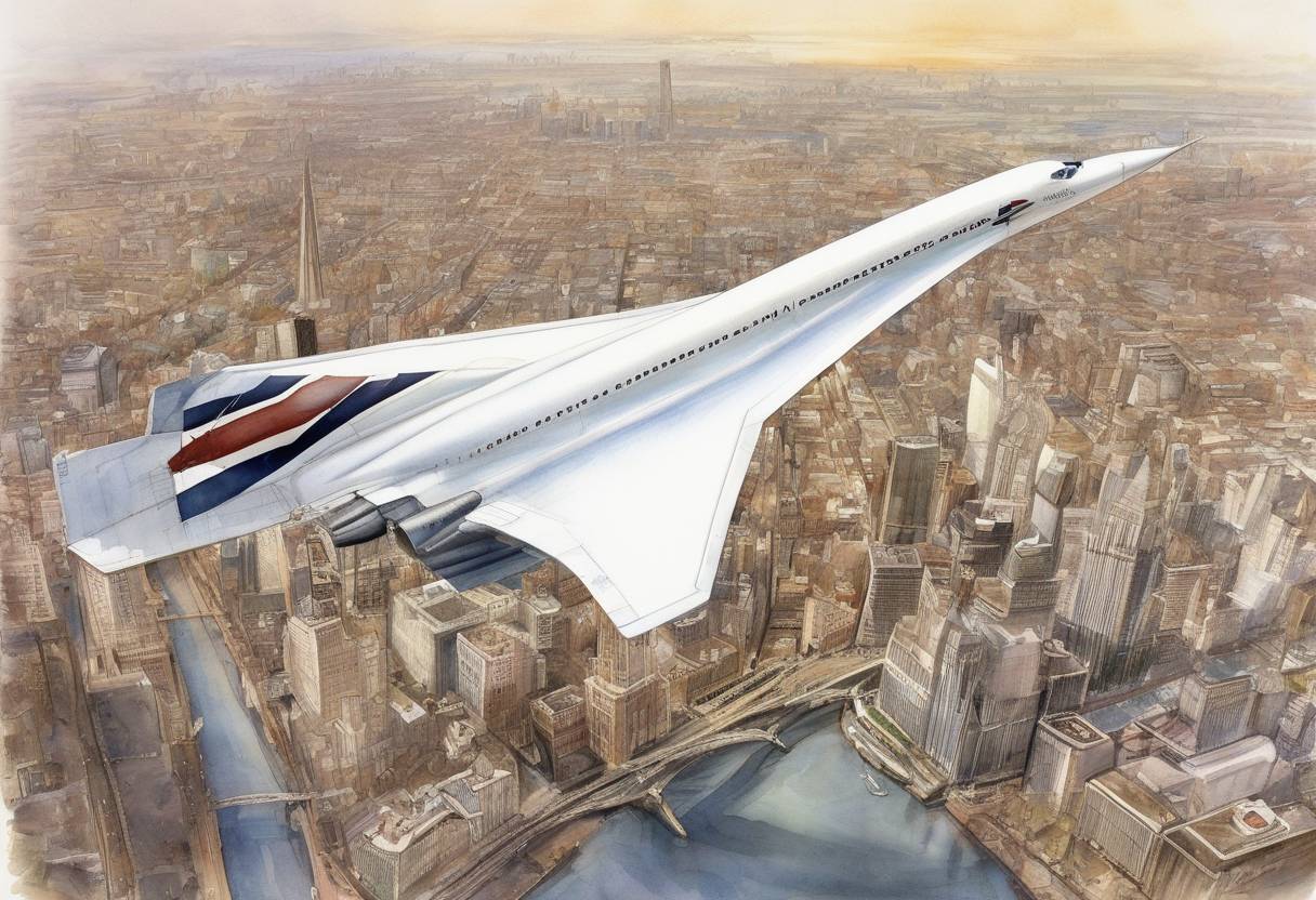 Watercolor painting based depiction of The final flight of the supersonic passenger airliner Concorde takes place from New York City to London Heathrow Airport, marking the end of an era in aviation history. (2003)