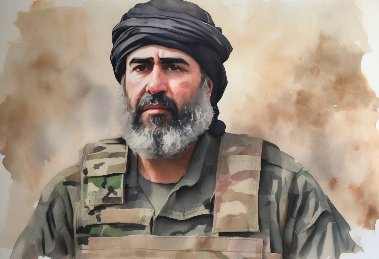 Watercolor painting based depiction of The United States announces the death of ISIS leader Abu Bakr al-Baghdadi during a military operation in Syria. (2019)
