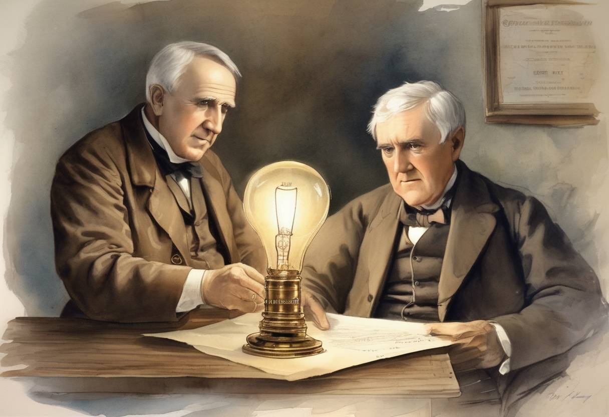 Watercolor painting based depiction of Thomas Edison receives the patent for the electric incandescent lamp. (1880)