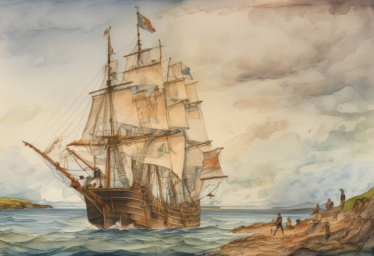 Watercolor painting based depiction of Jacques Cartier became the first European to reach Prince Edward Island. (1534)