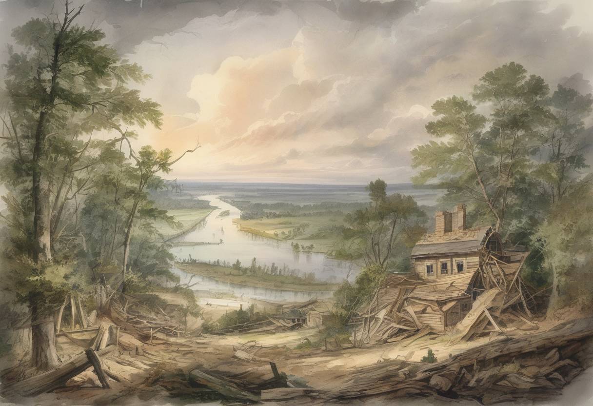 Watercolor painting based depiction of The New Madrid earthquake strikes the Mississippi River Valley, one of the largest earthquakes in the United States. (1811)