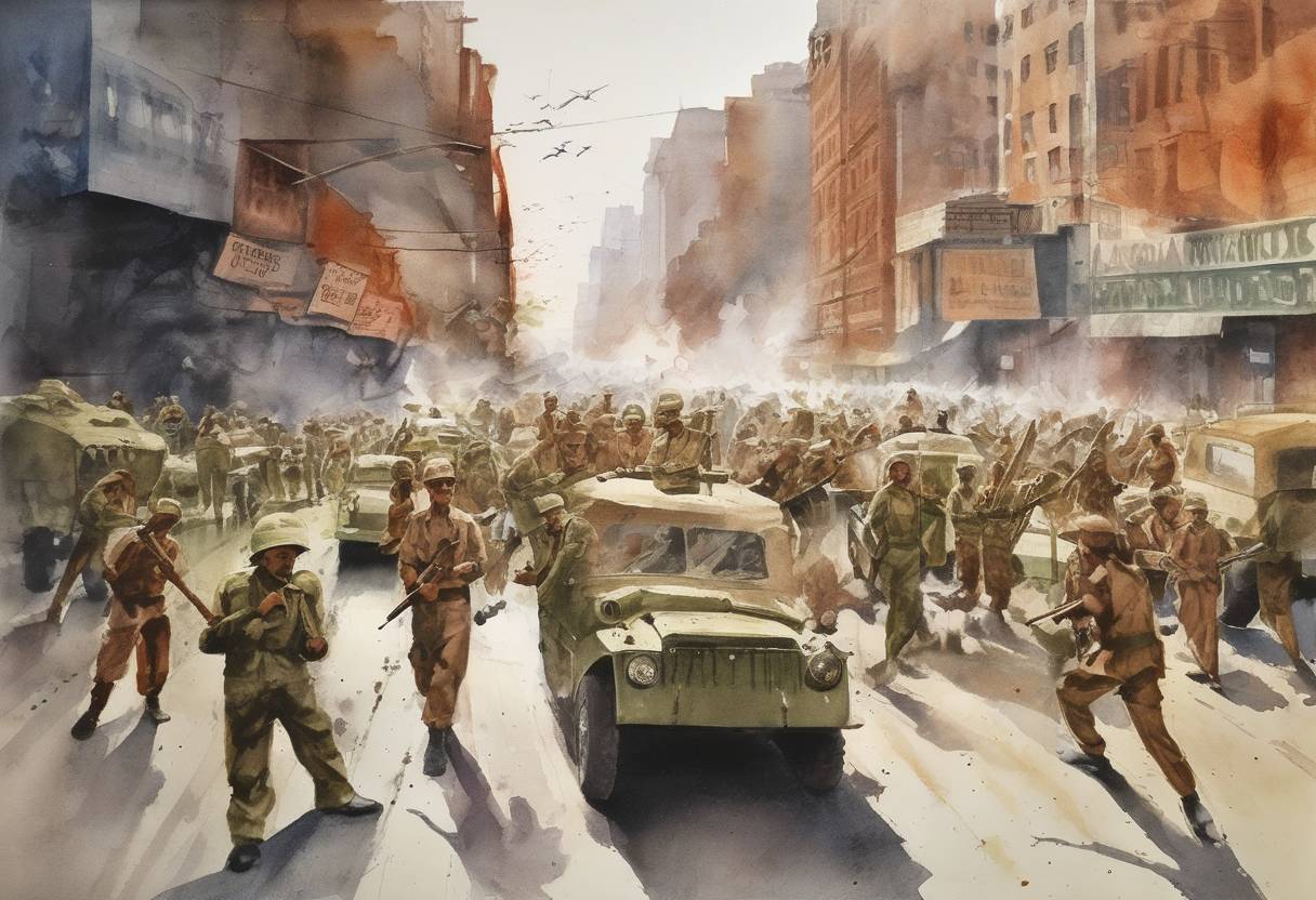 Watercolor painting based depiction of The Indo-Pakistani War of 1965 ended after the United Nations called for a ceasefire, which was accepted by both India and Pakistan. (1965)