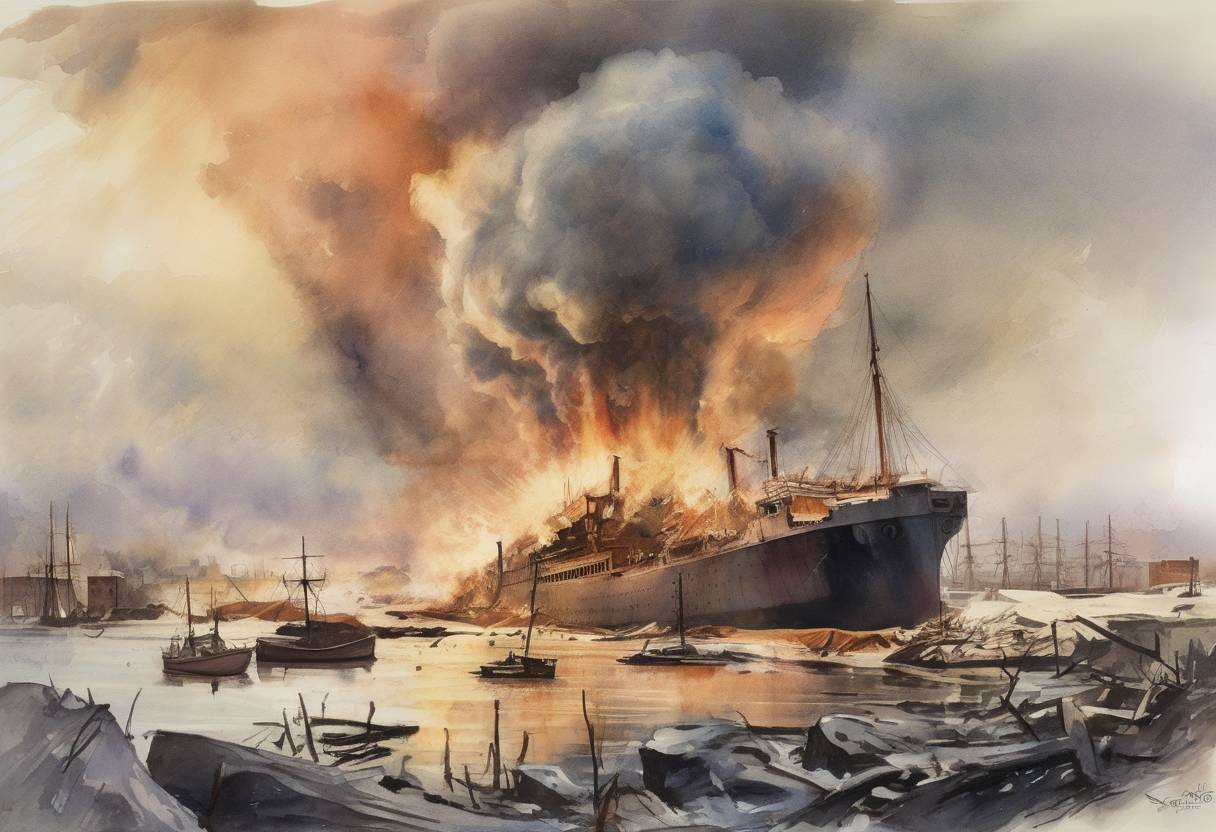 Watercolor painting based depiction of The Halifax Explosion occurred in Nova Scotia, Canada, when a French cargo ship loaded with explosives collided with a Norwegian vessel, resulting in a massive explosion that killed approximately 2,000 people and injured thousands more. (1917)