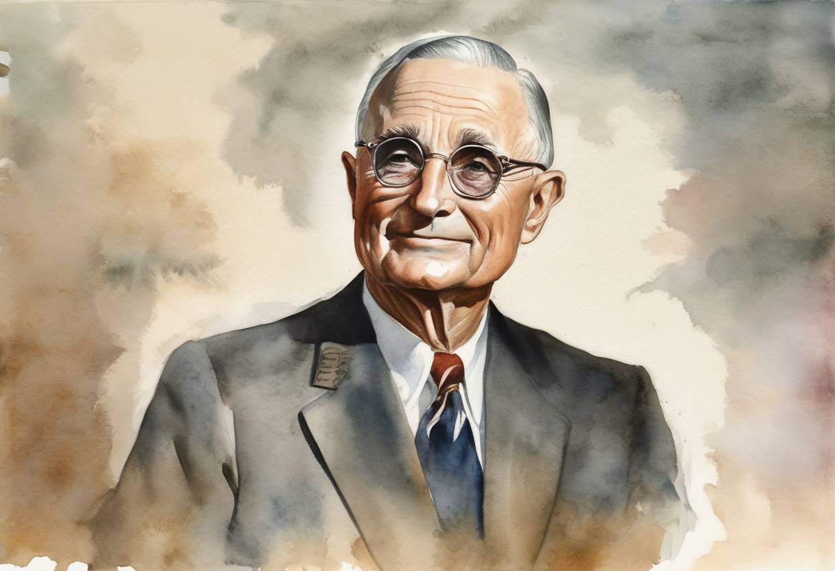 Watercolor painting based depiction of Harry S. Truman, the 33rd President of the United States, passed away in Kansas City, Missouri. (1972)