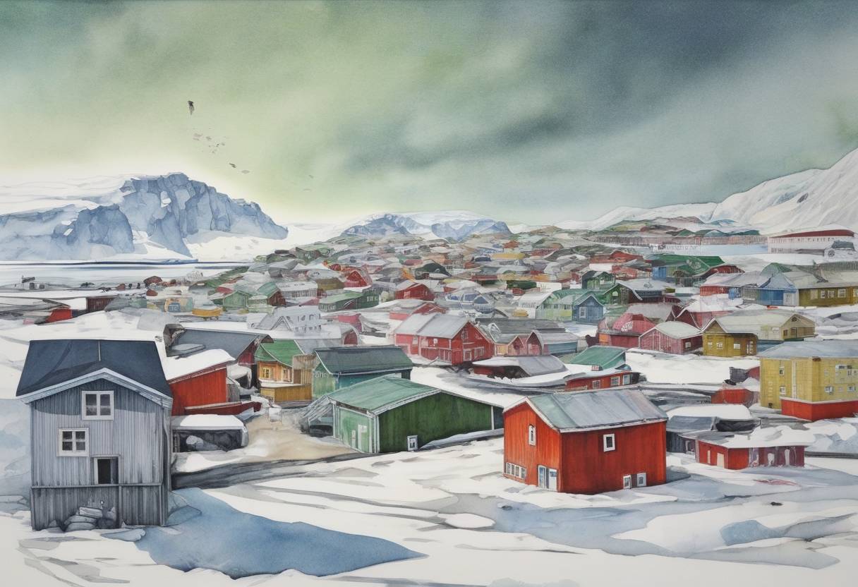 Watercolor painting based depiction of Greenland assumes self-rule with the Danish government transferring more powers to the Greenlandic government, including control over law enforcement and the judicial system. (2009)