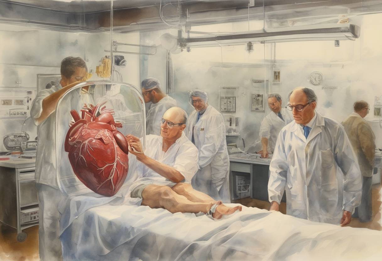 Watercolor painting based depiction of Adrian Kantrowitz performed the first human heart transplant in the United States. (1967)