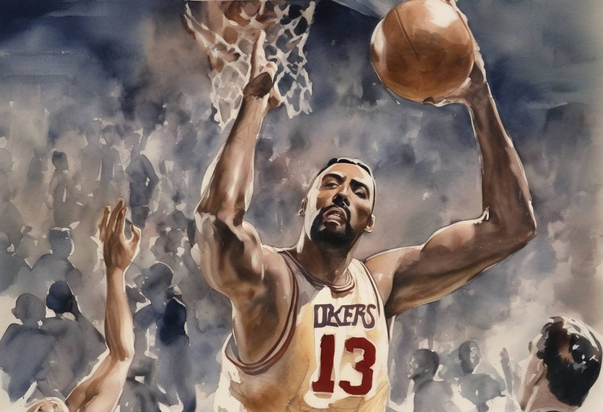 Watercolor painting based depiction of Wilt Chamberlain scored 100 points in a single NBA game, setting a record that still stands today. (1962)