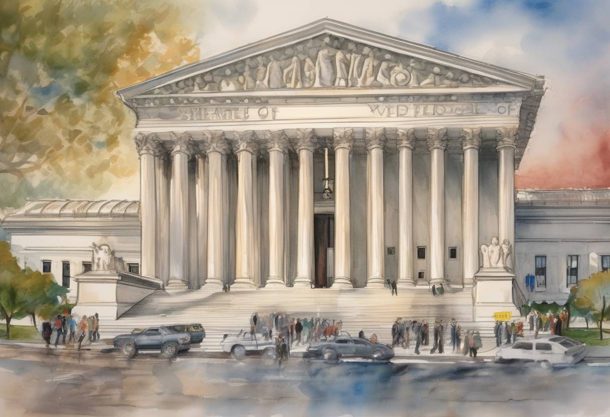 Watercolor painting based depiction of The United States Supreme Court ruled in the case of Clinton v. City of New York, striking down the line-item veto. (1998)
