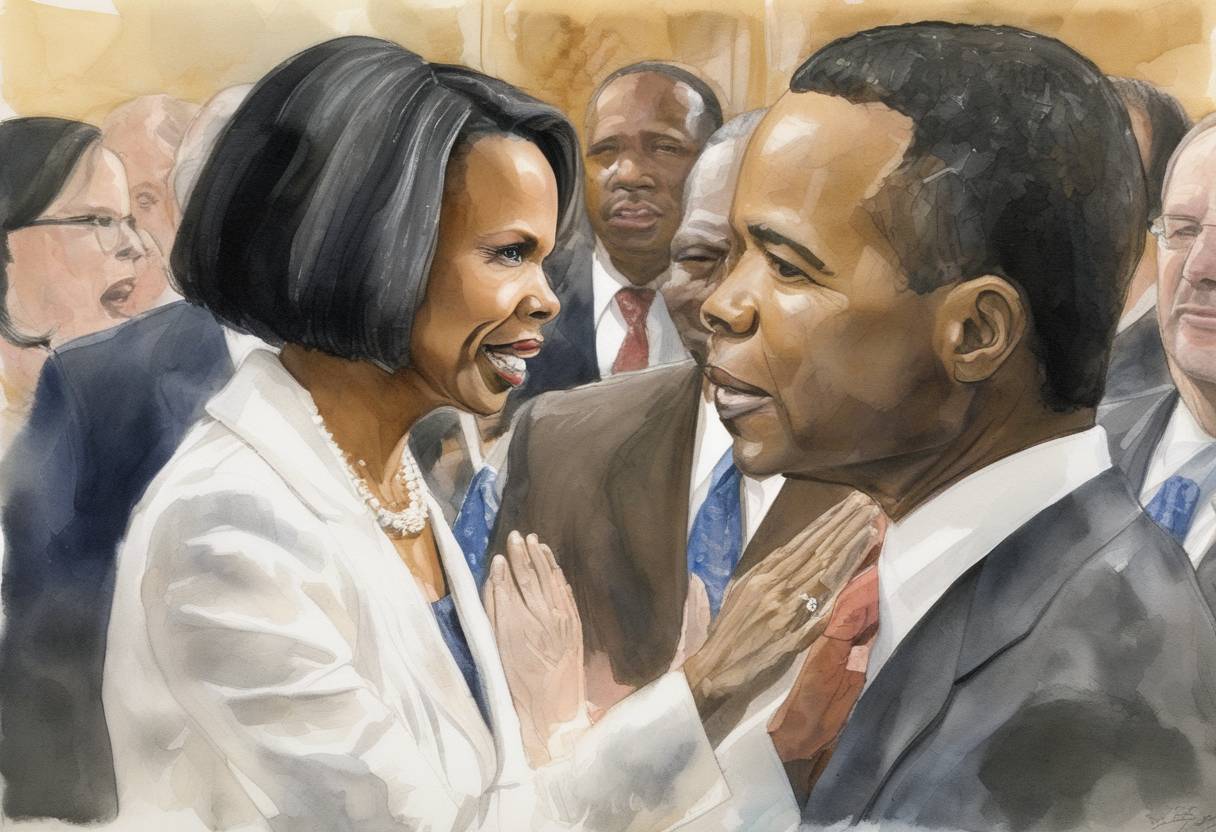 Watercolor painting based depiction of Condoleezza Rice is sworn in as the United States Secretary of State, becoming the first African American woman to hold the position. (2005)