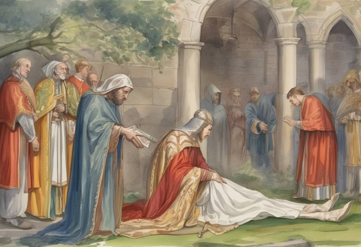 Watercolor painting based depiction of The death of Saint Alphege, an Anglo-Saxon bishop of Winchester who was later canonized as a martyr and saint. (874)