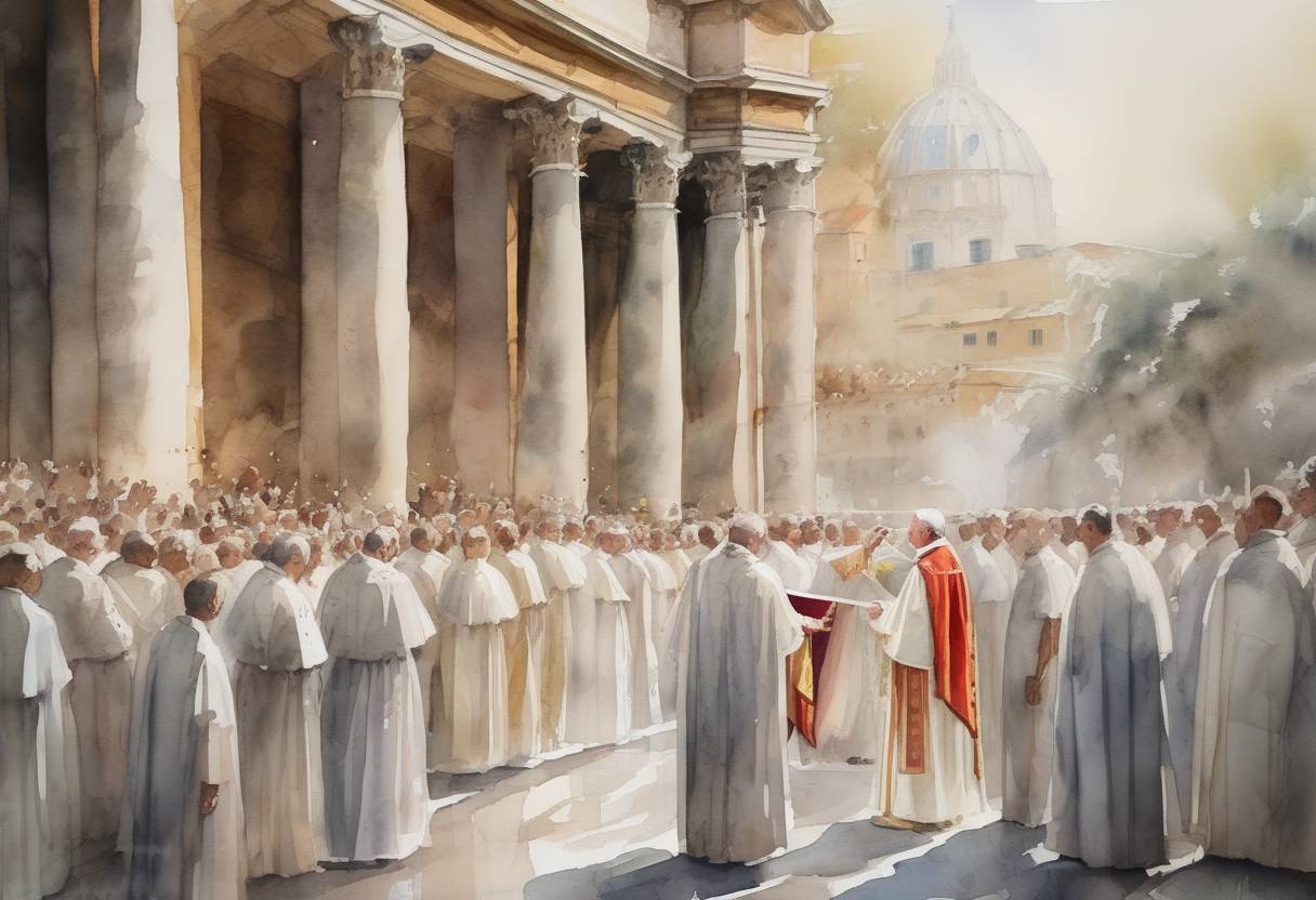 Watercolor painting based depiction of Pope Constantine was consecrated as the 88th pope of the Roman Catholic Church. (708)