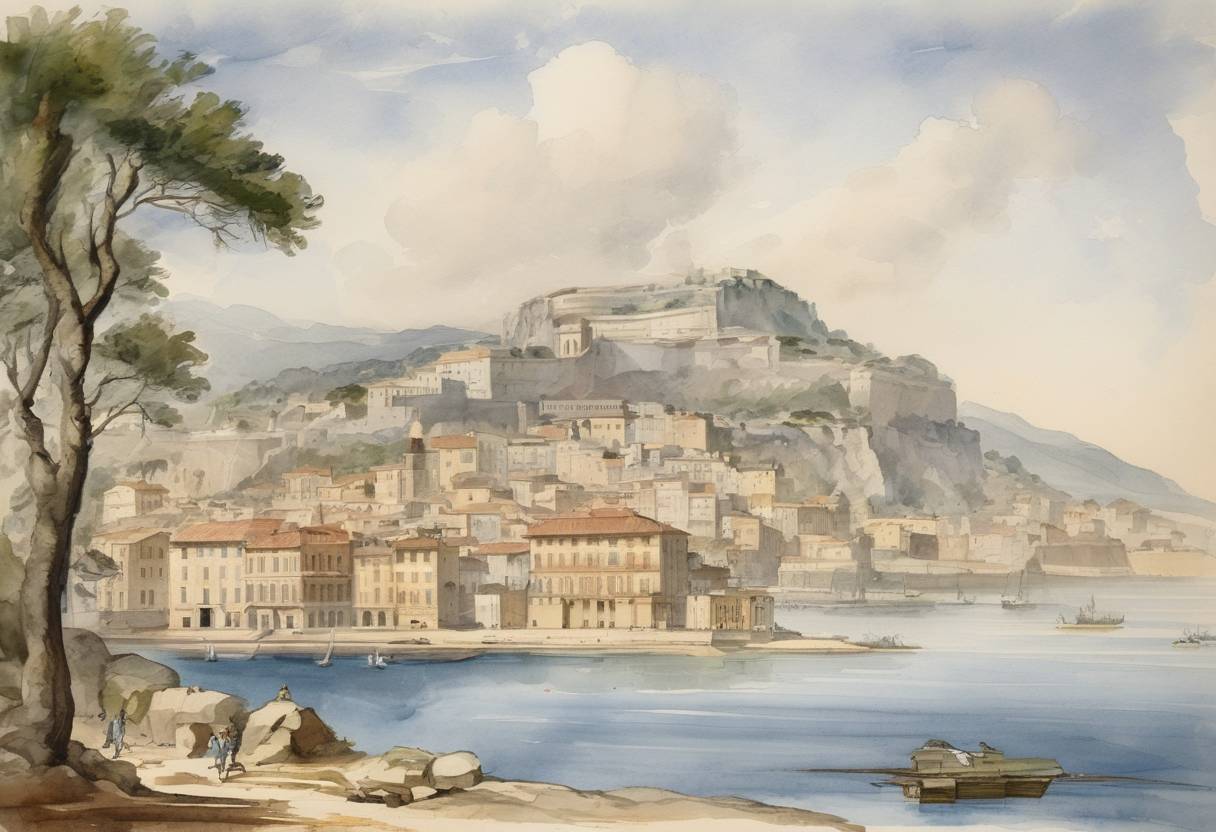 Watercolor painting based depiction of Napoleon Bonaparte was born in Ajaccio, Corsica. (1769)