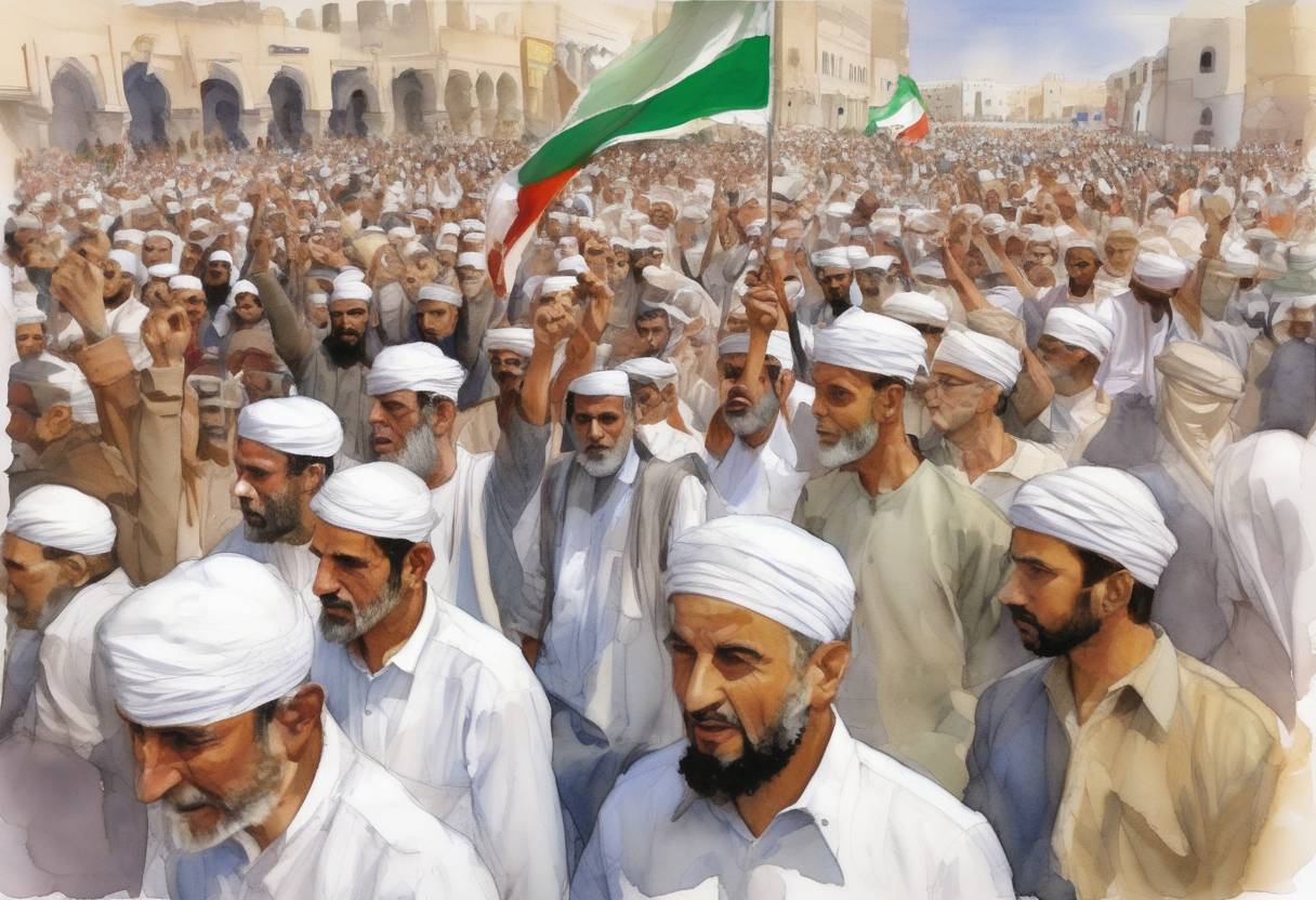 Watercolor painting based depiction of The Arab Spring: Protests began in Oman, marking the start of the Omani protests, part of the wider Arab Spring movement. (2011)