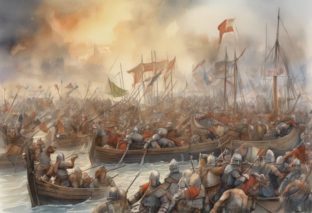 Watercolor painting based depiction of The Battle of Maldon takes place, where Anglo-Saxons led by Byrhtnoth are defeated by Viking invaders. (991)