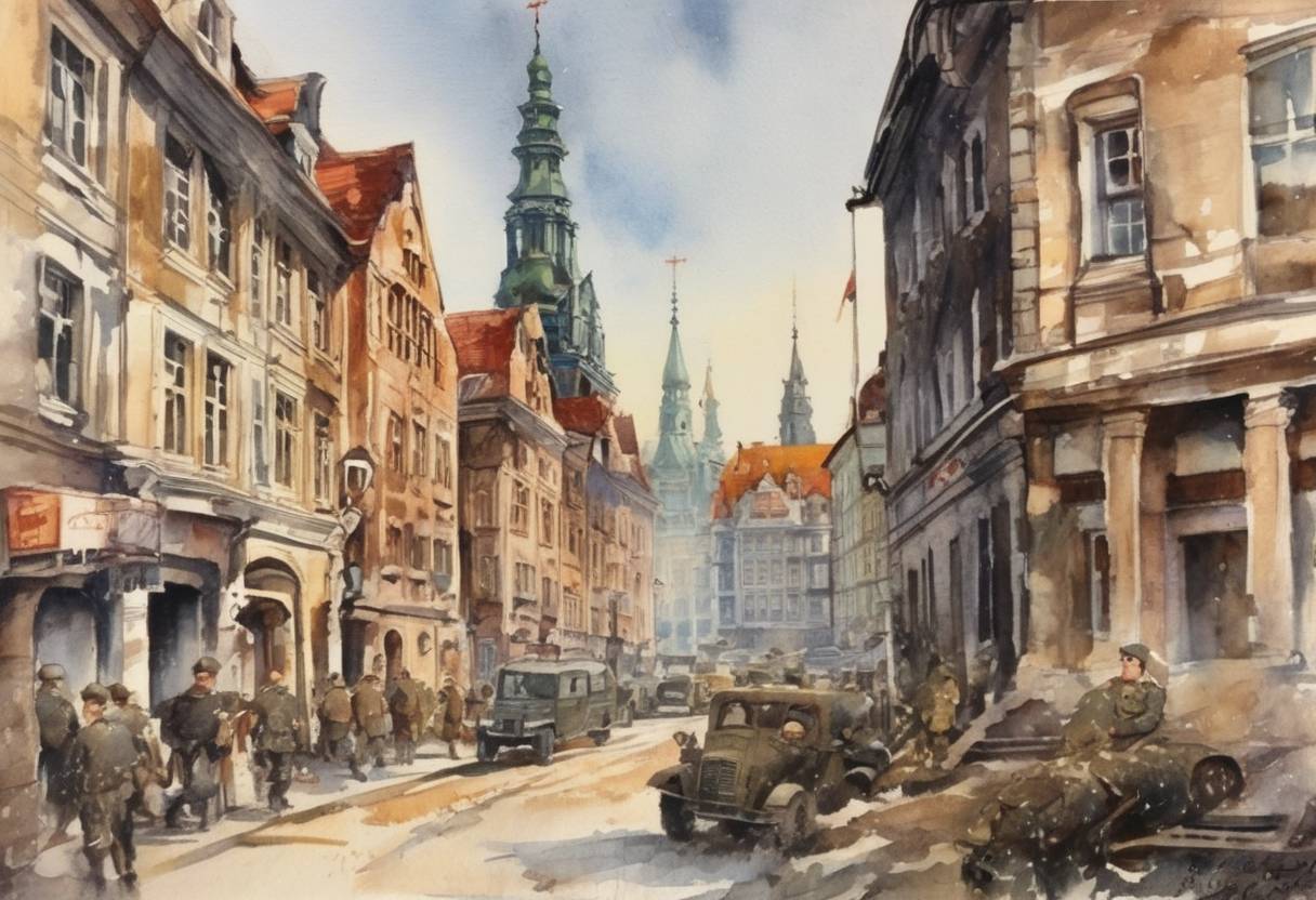 Watercolor painting based depiction of Soviet forces captured the city of Danzig (now Gdańsk, Poland) during World War II, marking a significant advance on the Eastern Front. (1945)
